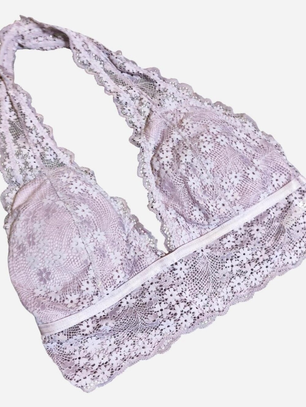 Lilac purple pastel lace halter top bralette daisy pattern lace Size: M